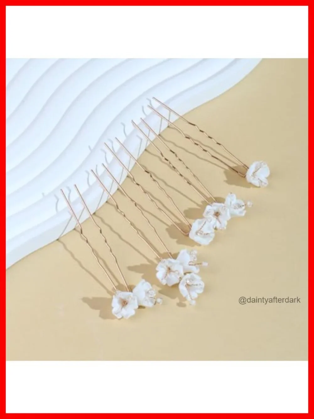 Handmade Pearl Bridal Hair Pins, White Ceramic Flowers, Gold Leaf, 6pcs